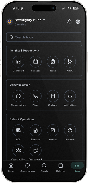 Smartphone screen displaying a dark mode app interface. Several circular icons are visible within different sections.