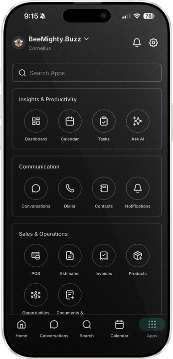 Dark-mode mobile app home screen with circular action icons and a bottom navigation bar.