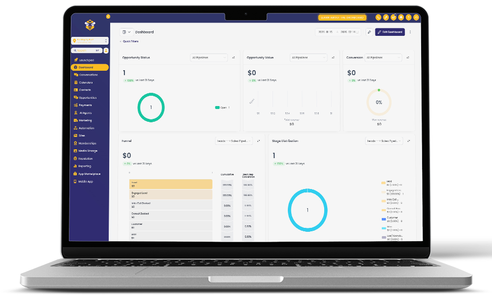 Laptop displaying a white analytics dashboard with blue charts and a dark left sidebar