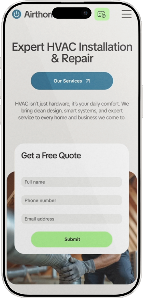 Mobile screen displaying HVAC service offering, with a form for a free quote.
