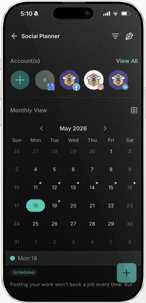 Social planner app interface, displaying a calendar for February 2023. Account options and a plus icon.
