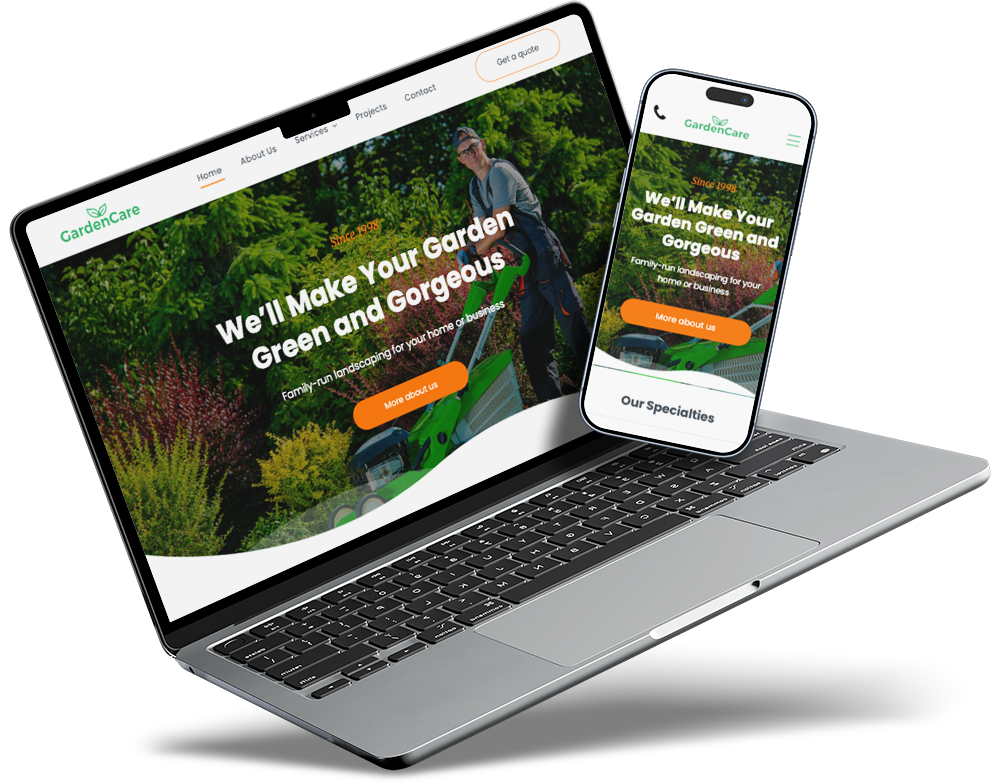 Laptop and phone displaying a landscaping website with green plants and orange call-to-action buttons
