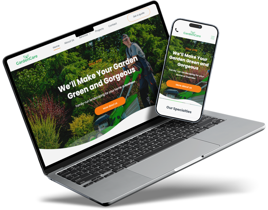 Laptop and phone displaying a landscaping website with green plants and orange call-to-action buttons