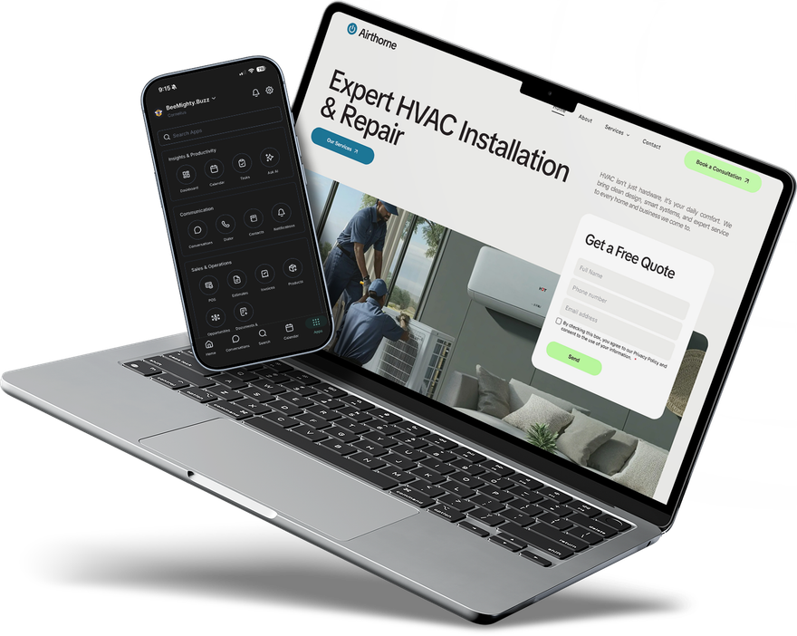 Laptop with a phone floating above it, showing an HVAC installation and repair webpage on the screen
