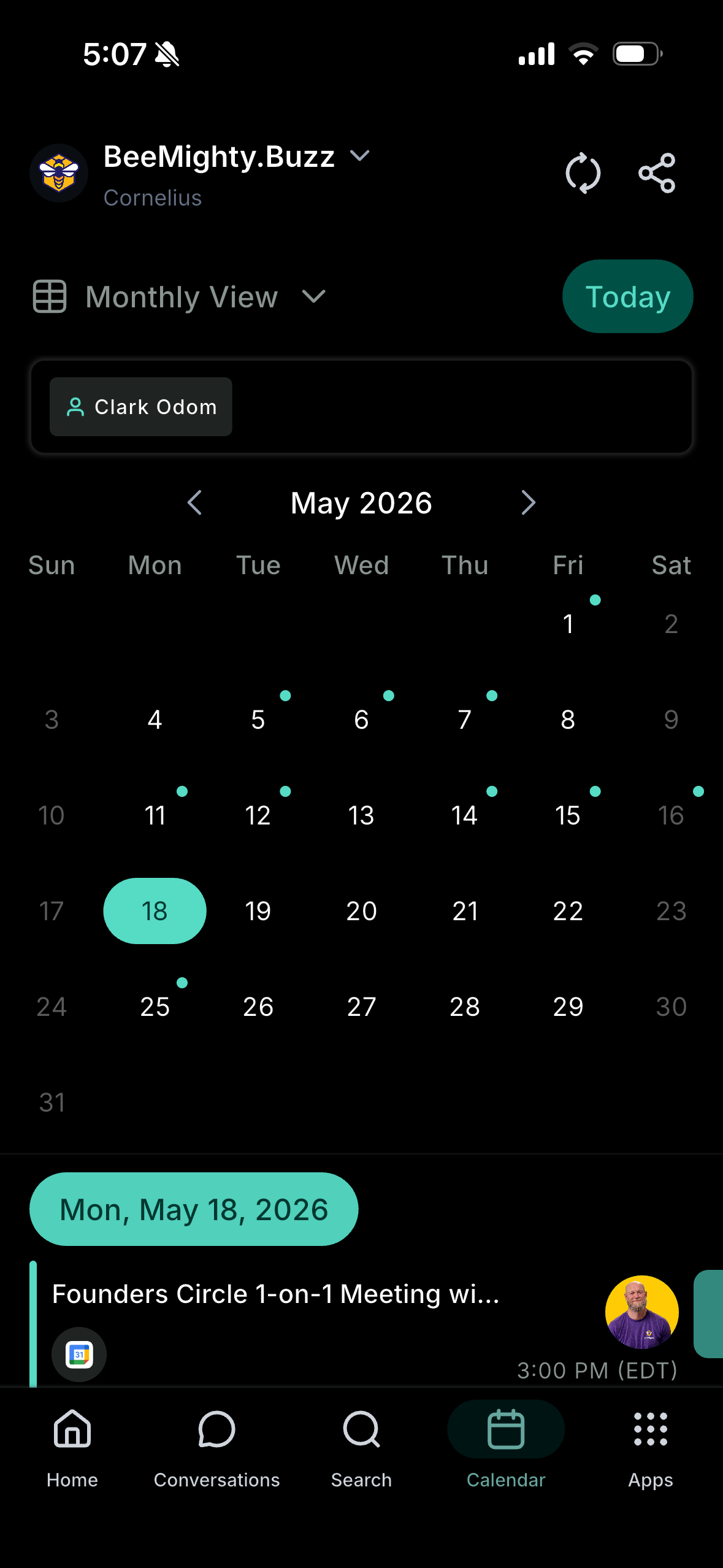 Dark-themed calendar app month view with May 2024 dates and a highlighted day event below.