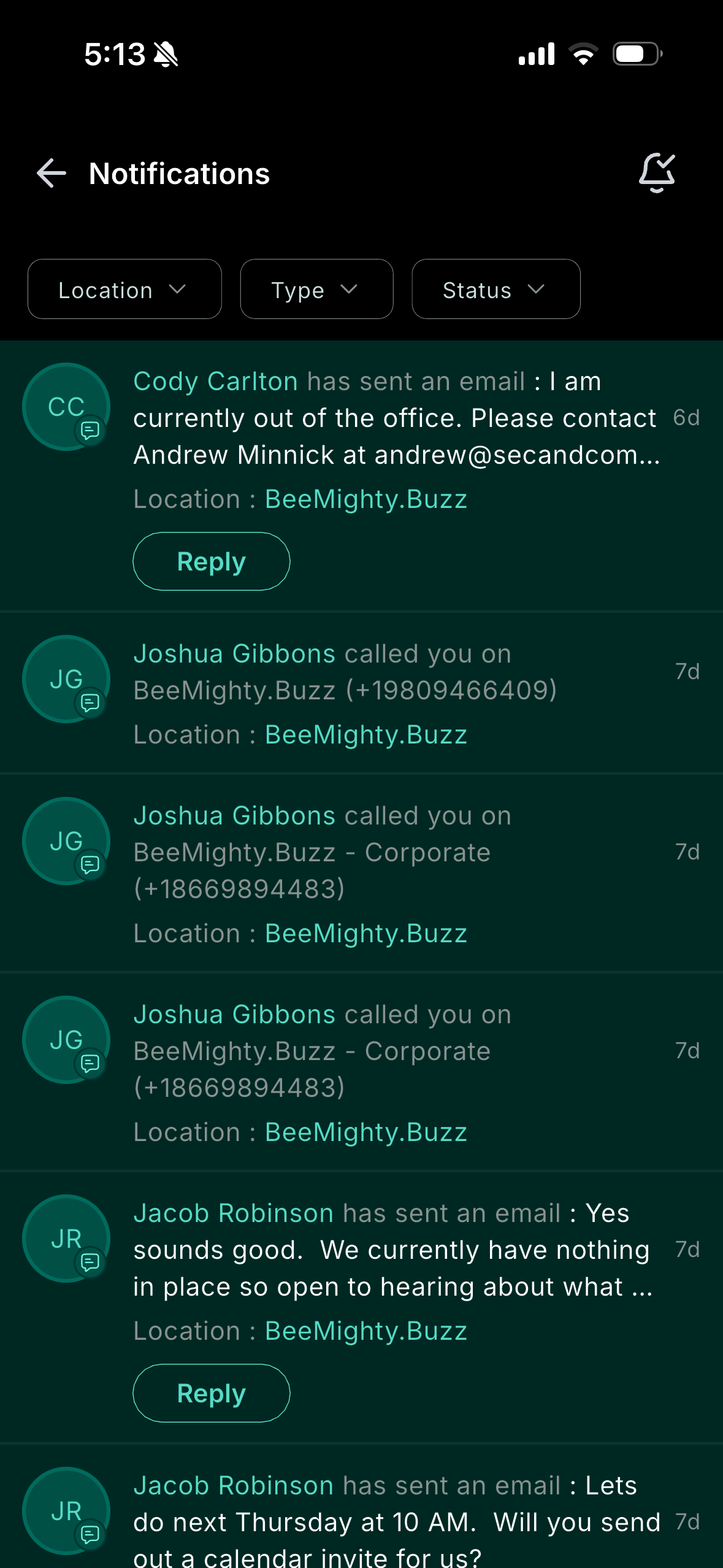 Dark-themed messaging app showing a list of notification messages on a phone screen.