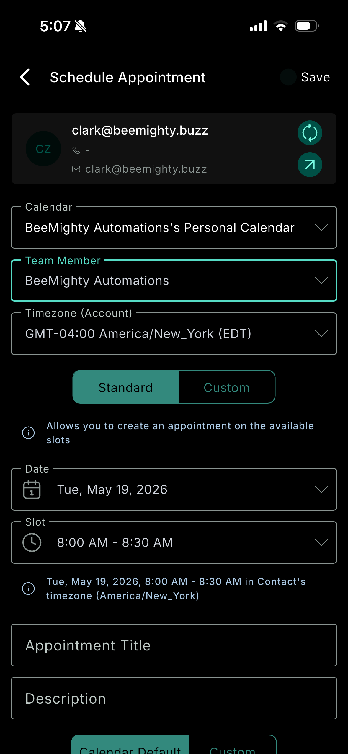 Dark-themed mobile app form with several dropdown fields and a centered teal action button.