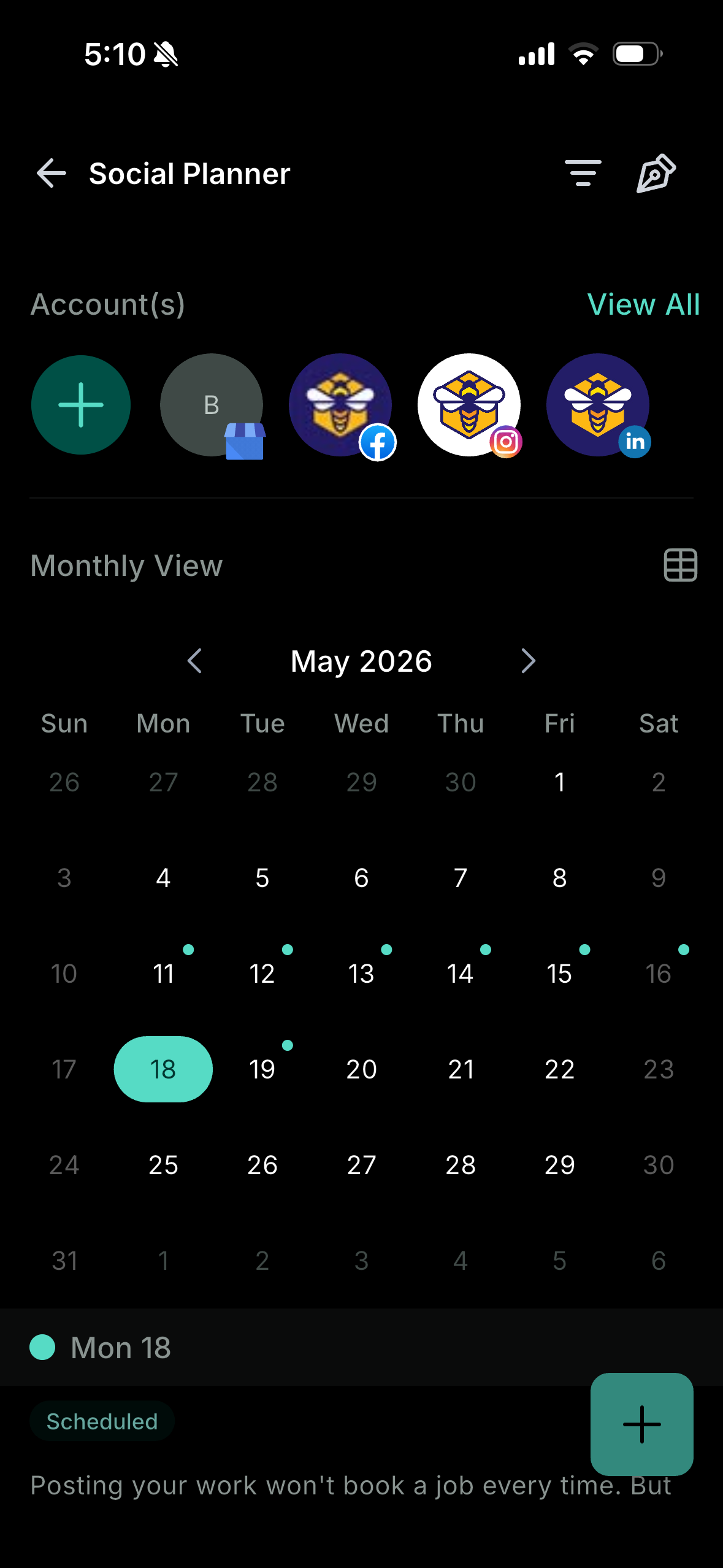 Dark-themed mobile app screen showing a monthly calendar with story avatars and a teal add button.