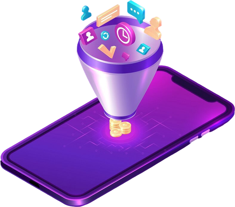 Purple phone with a funnel above it, pouring icons into gold coins.