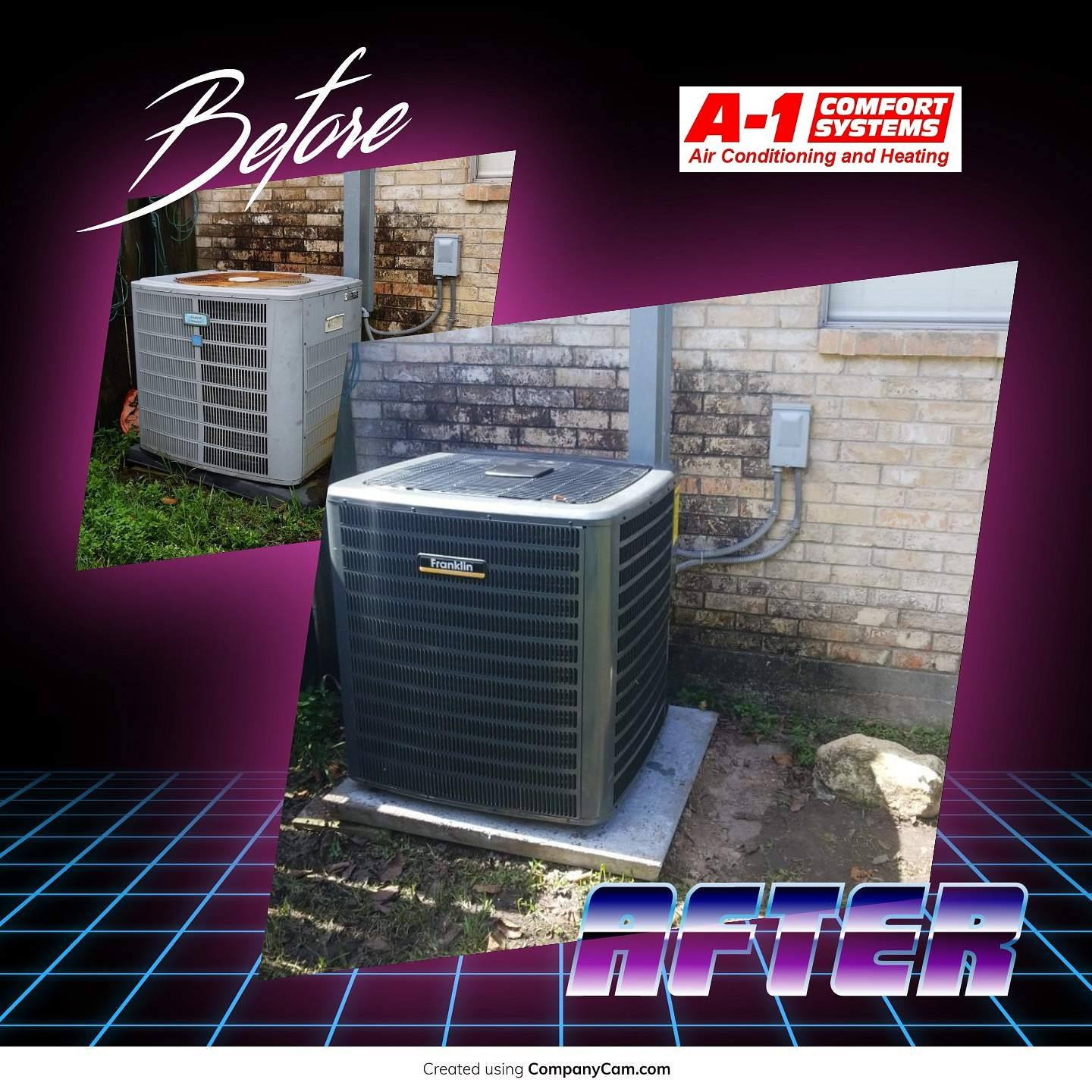 Before And After Of Air Conditioning Units Outside With A1 Comfort System Label - Freeport, TX - A1 Comfort Systems