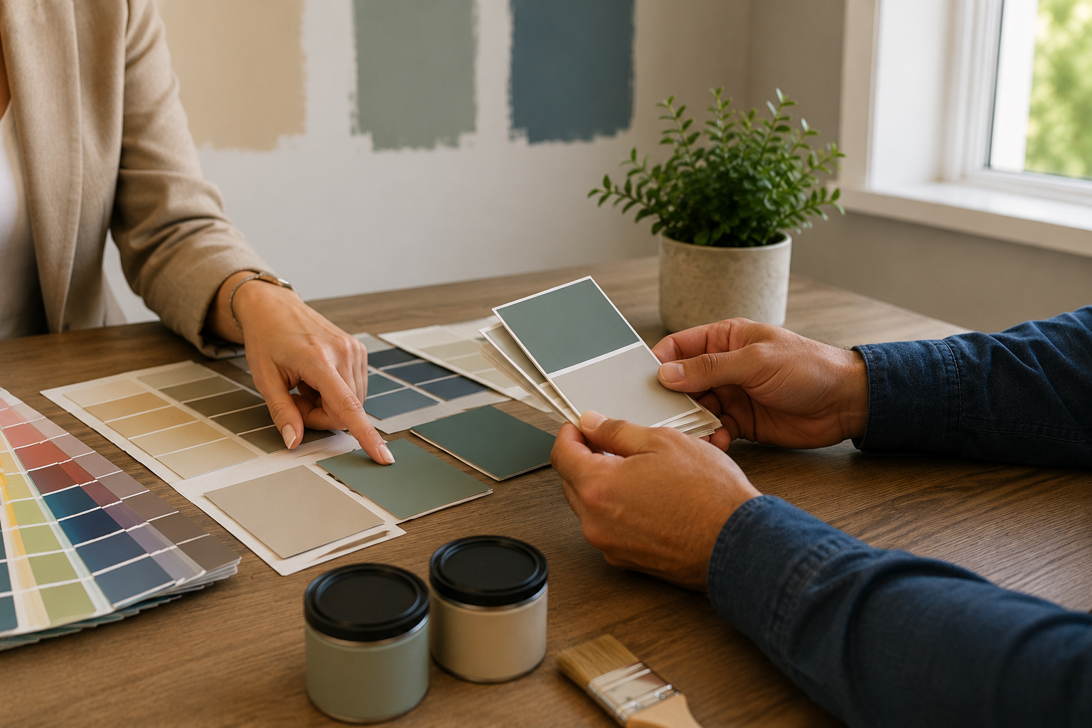 Two people compare paint swatches and fabric samples on a table in a bright room.