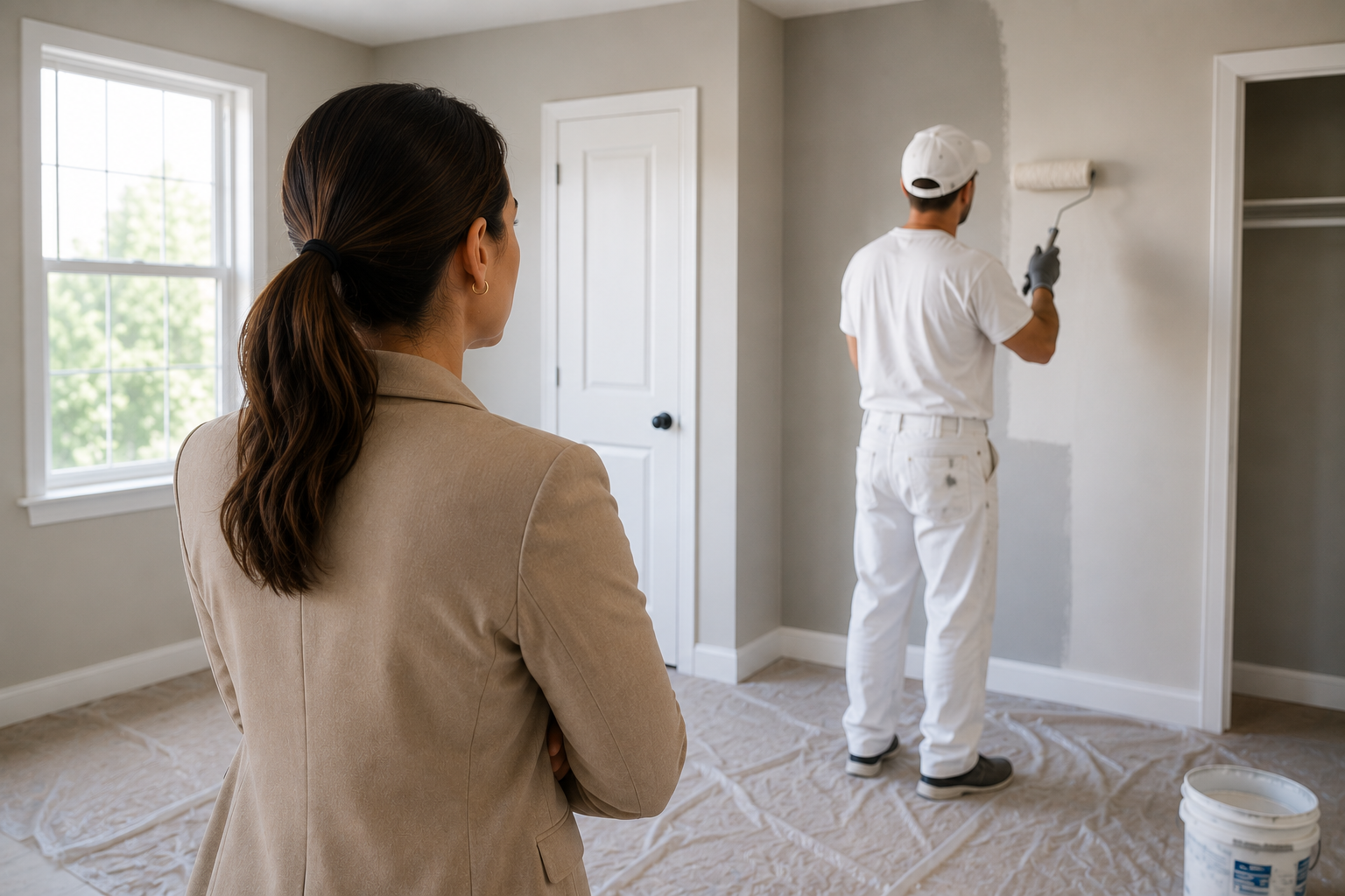 Painter painting a wall in a room while another person watches nearby