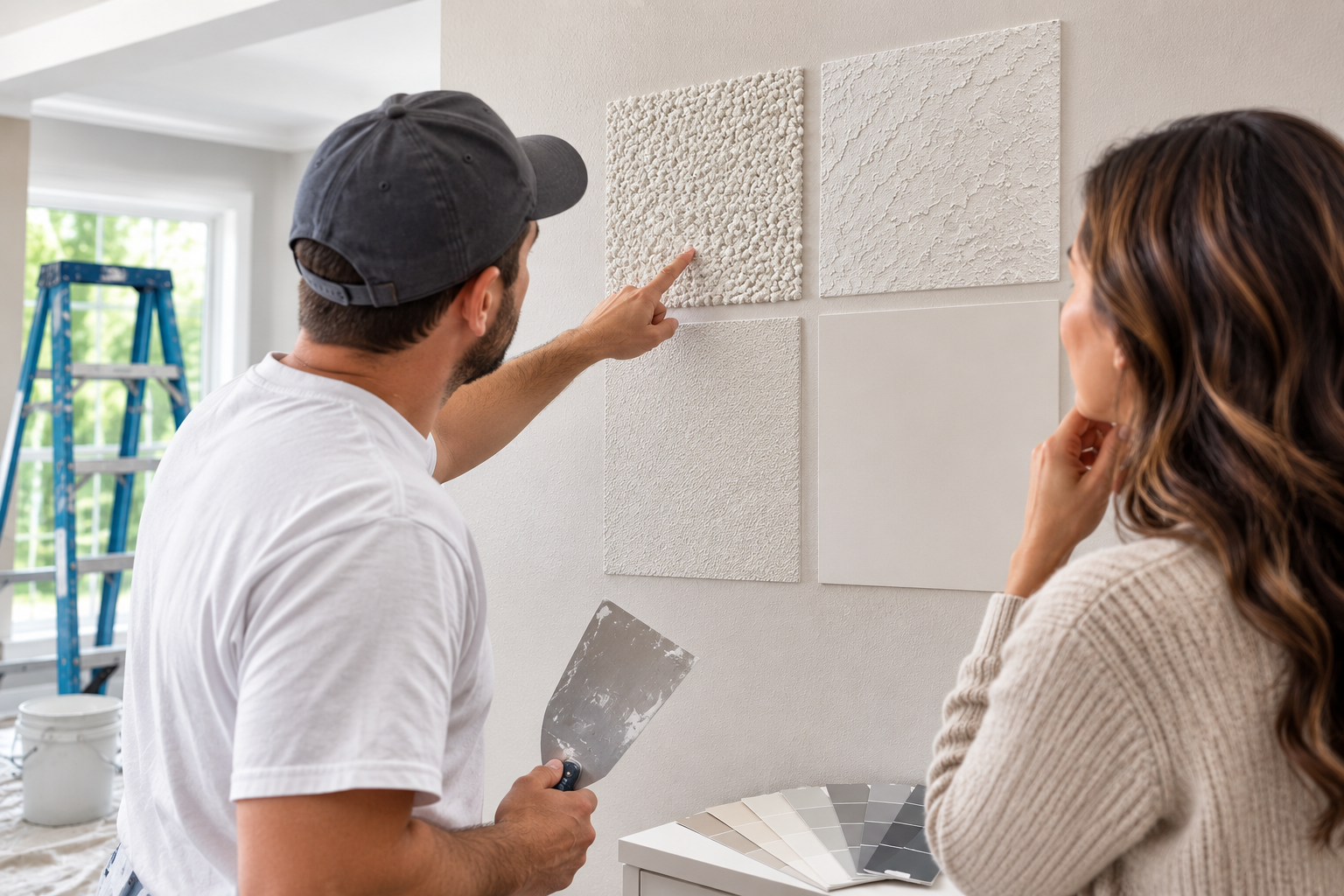 Two people reviewing paint and texture samples on a wall in a bright room