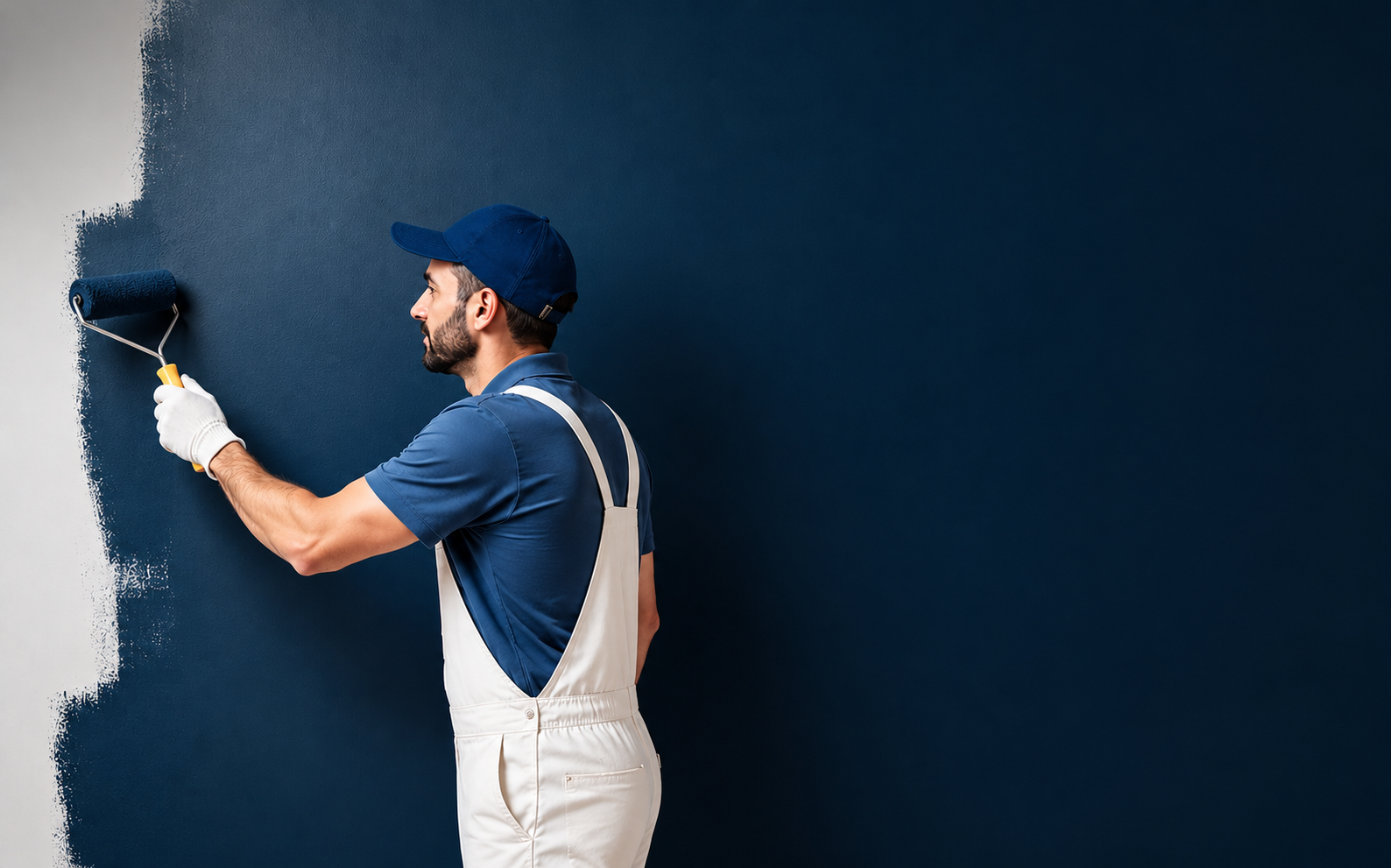 Painter in blue shirt and white overalls rolling dark blue paint on a wall