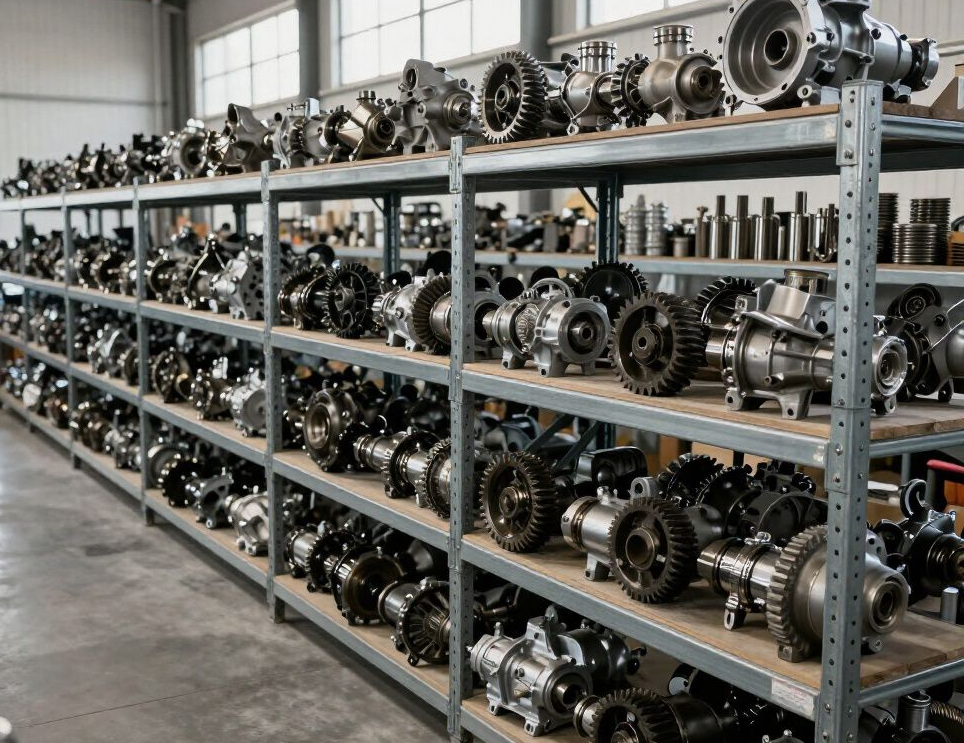 Estanterías repletas de numerosas piezas metálicas de automóviles en un almacén.