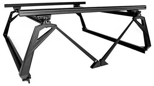 A black metal frame with a roof rack attached to it on a white background.
