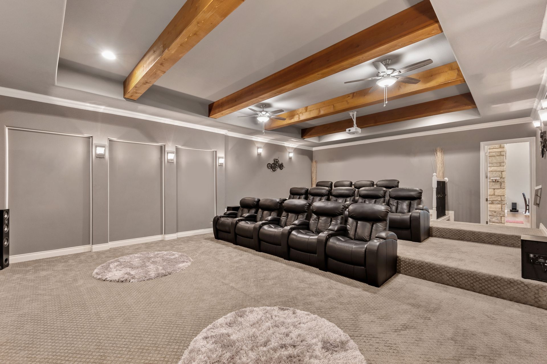 Finished basement home theater with custom seating and lighting NJ