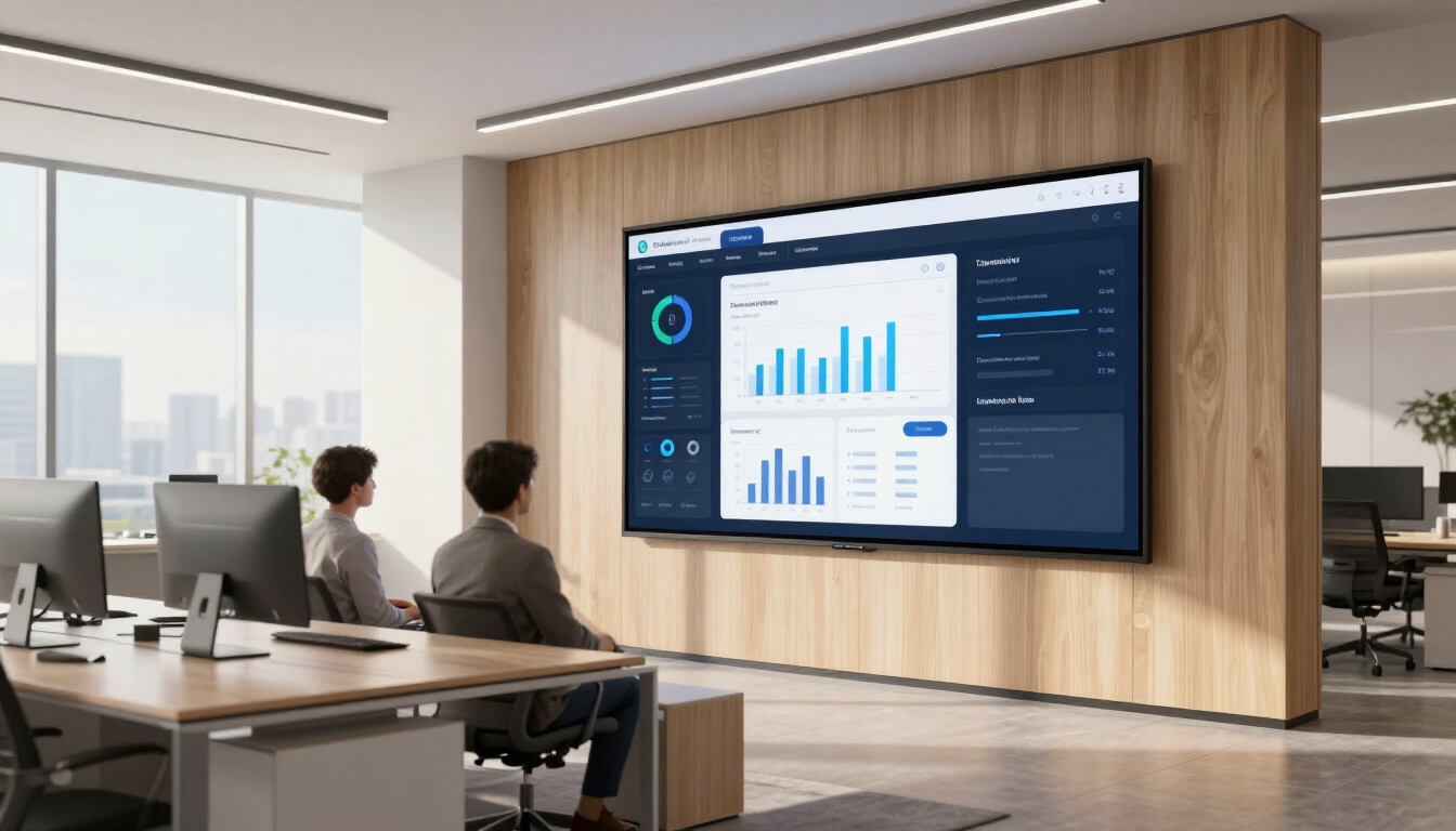 Modern office with people viewing a large wall display of blue analytics charts