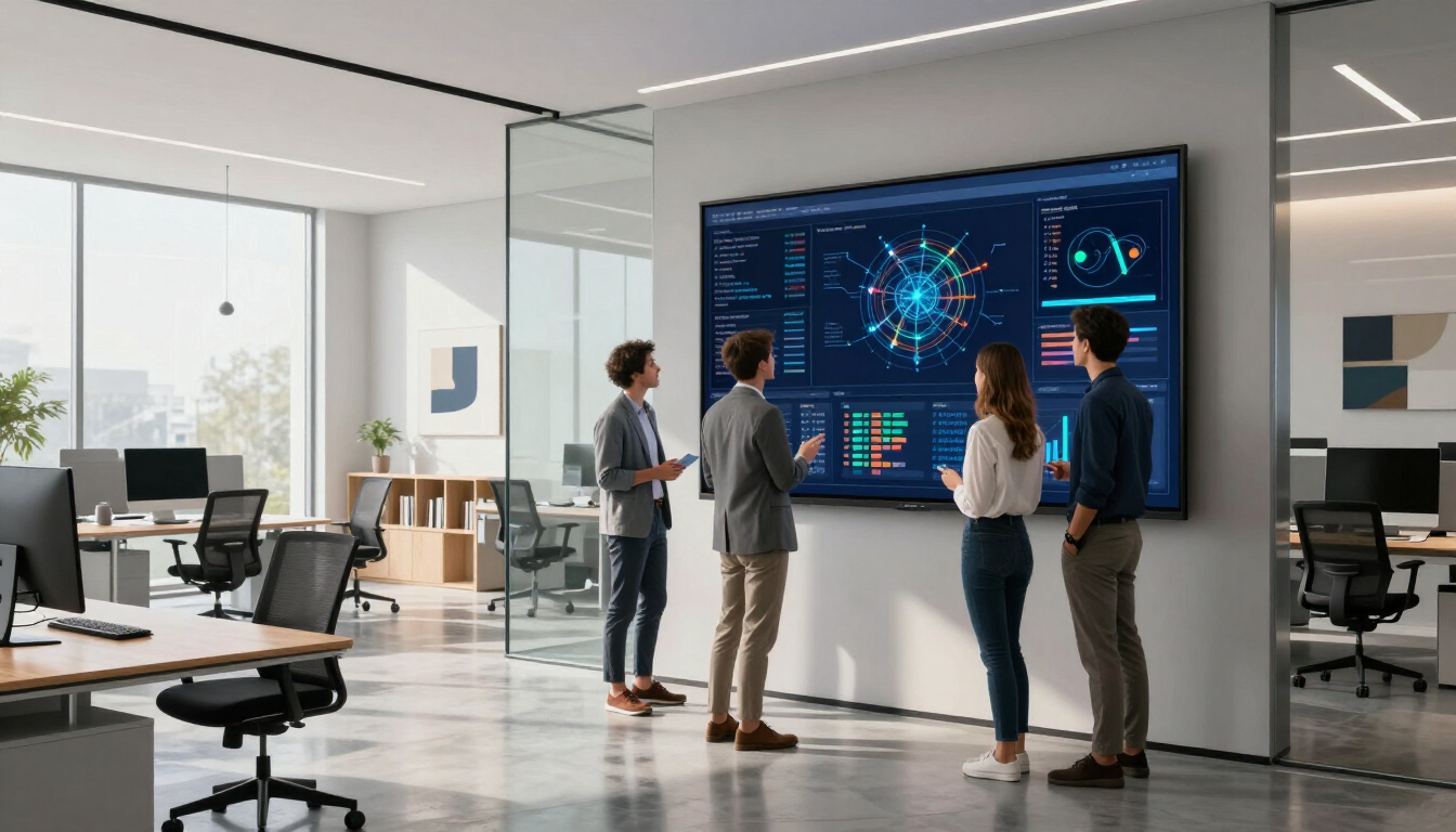 People viewing a large digital dashboard in a modern office conference room
