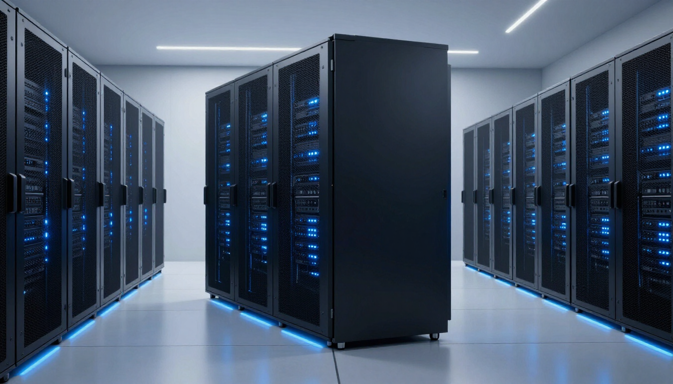 Rows of blue-lit server racks in a modern data center hallway
