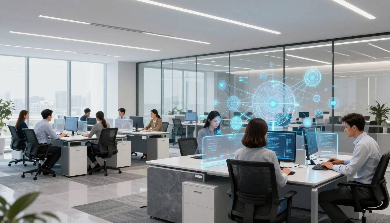 Open office with people working at desks, large glass wall, and blue digital interface graphics overlay.