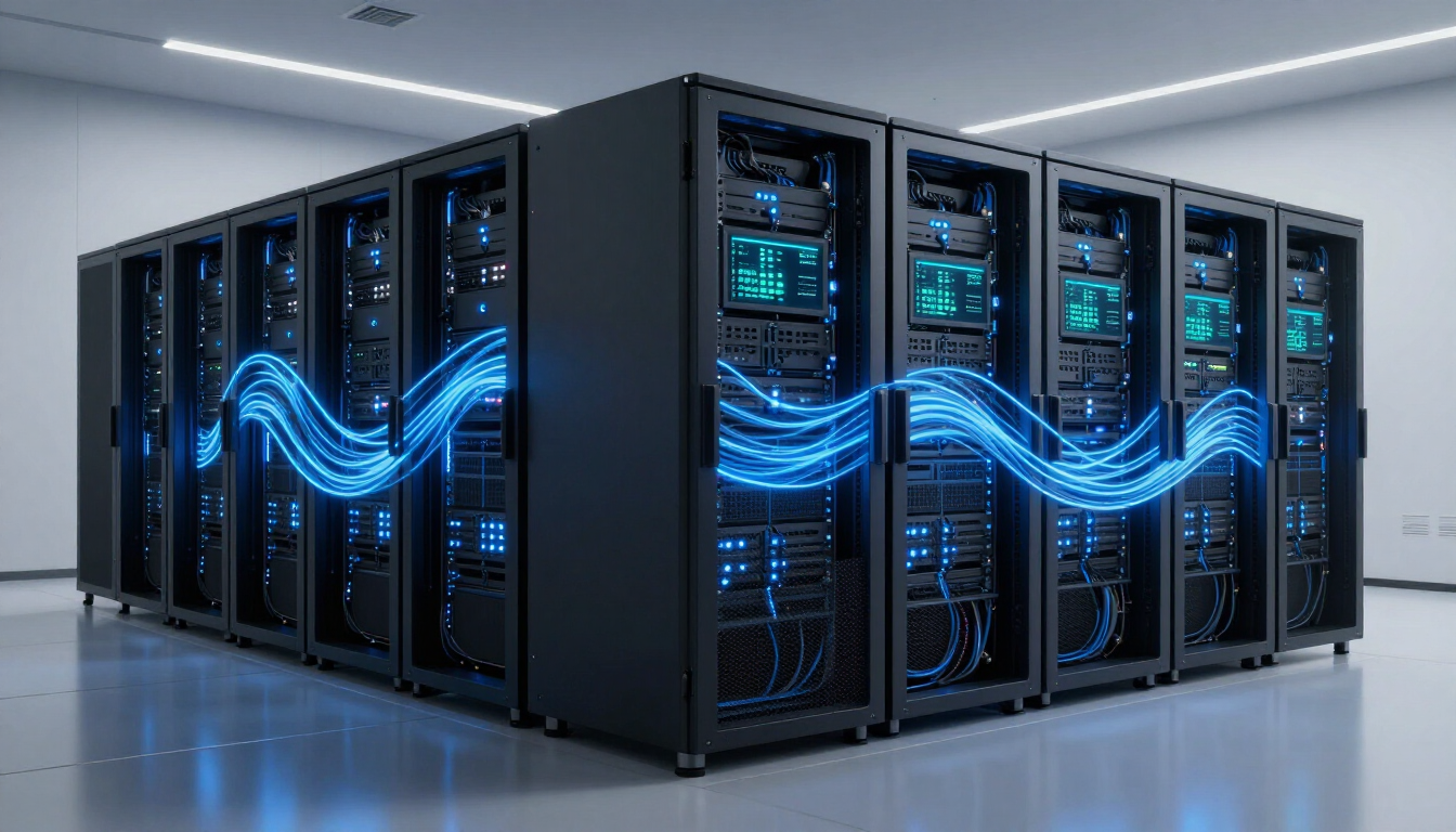 Rows of black server racks in a modern data center with glowing blue network lines connecting them