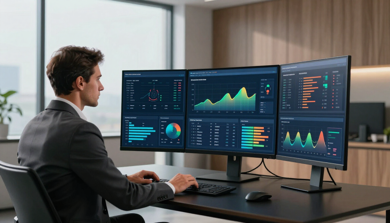 Person working at a desk with three monitors showing colorful business analytics dashboards