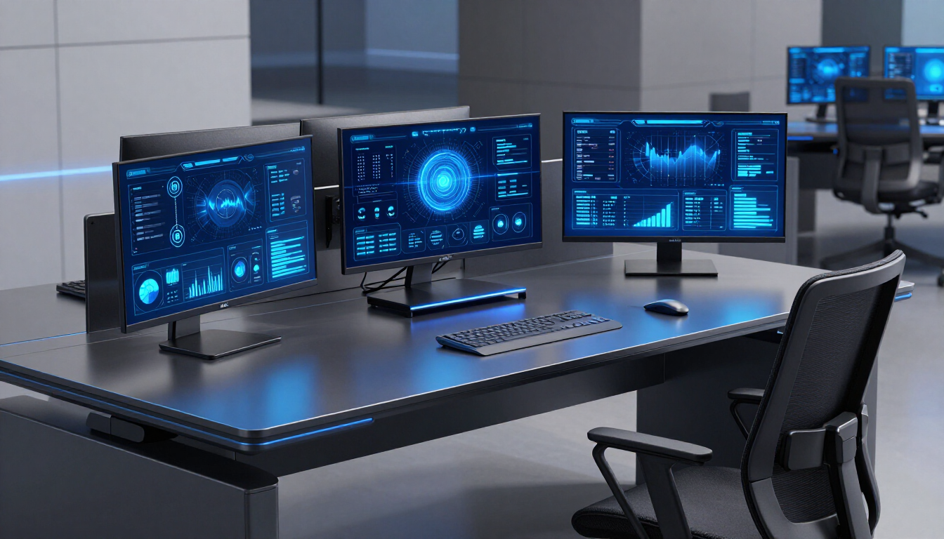 Modern office desk with three blue data screens, keyboard, mouse, and black chair