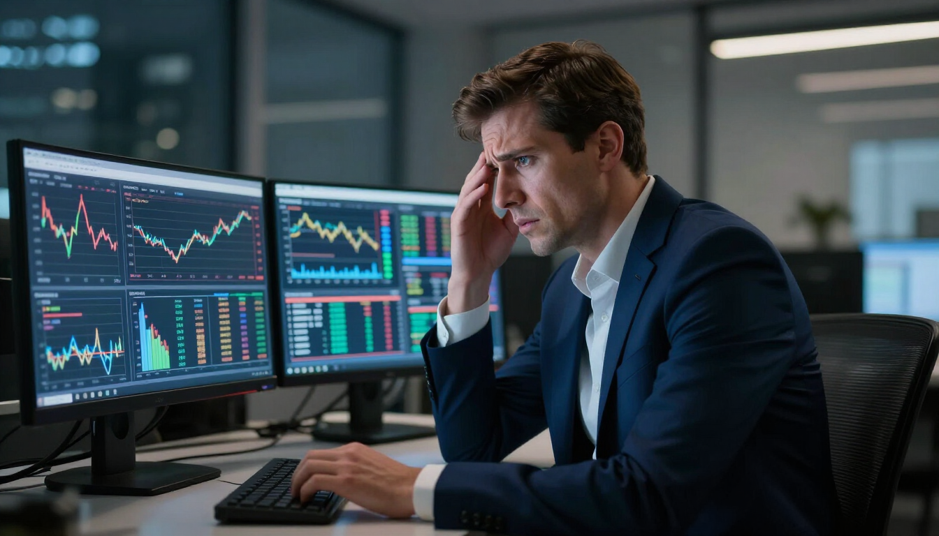 Man in a suit analyzing stock charts on dual monitors, resting his head in a hand at a desk.