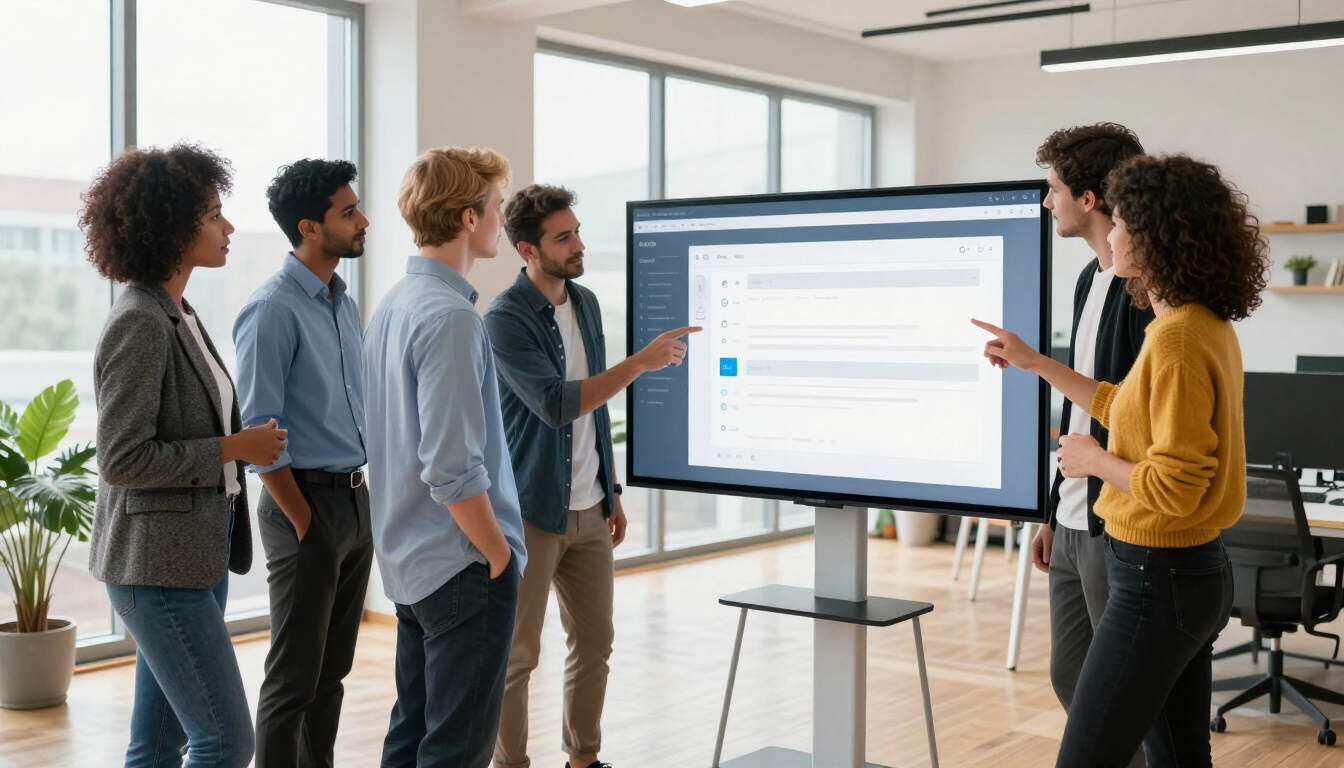 Team presents a dashboard on a large screen in a bright office meeting room.