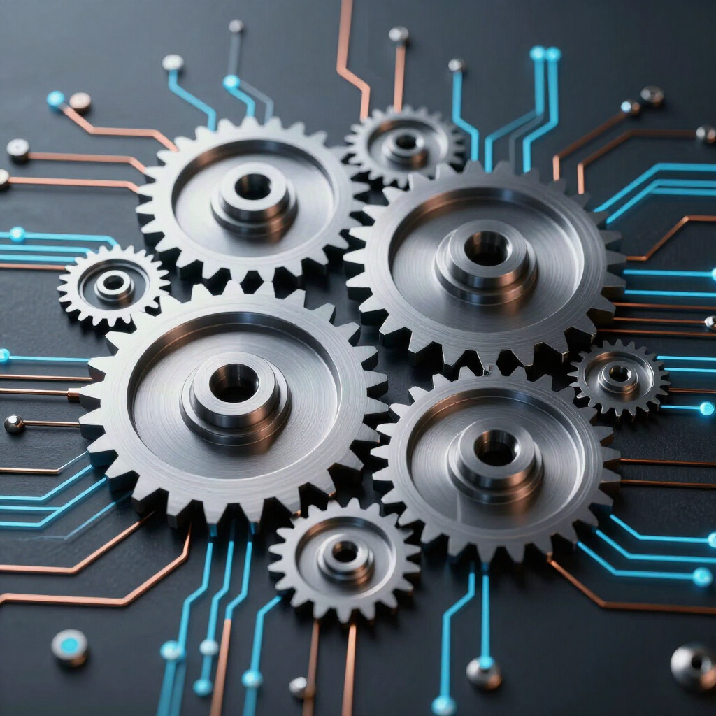 Interlocking silver gears over a glowing blue circuit board, symbolizing technology and automation