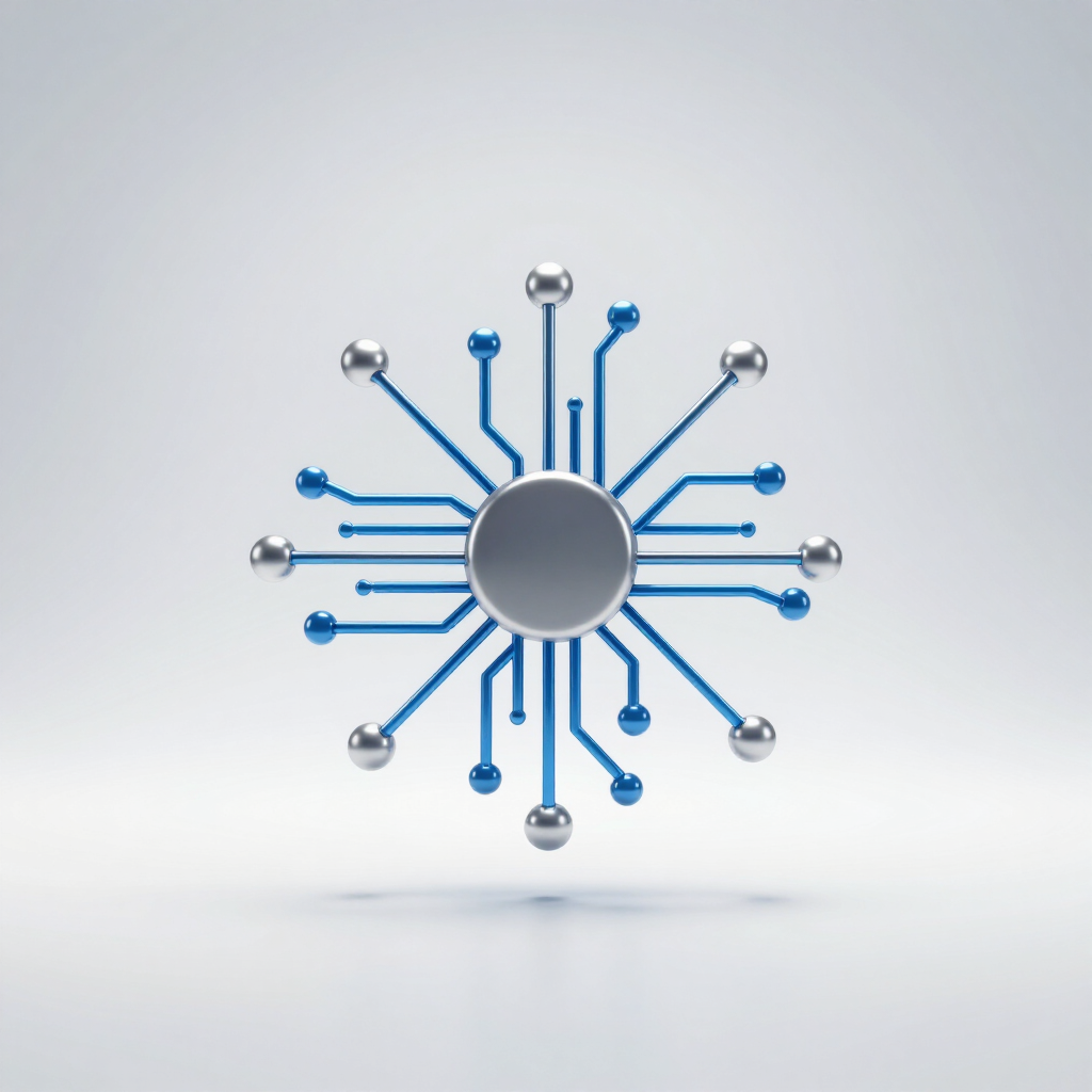 Blue and silver network hub icon with radiating lines on a light background