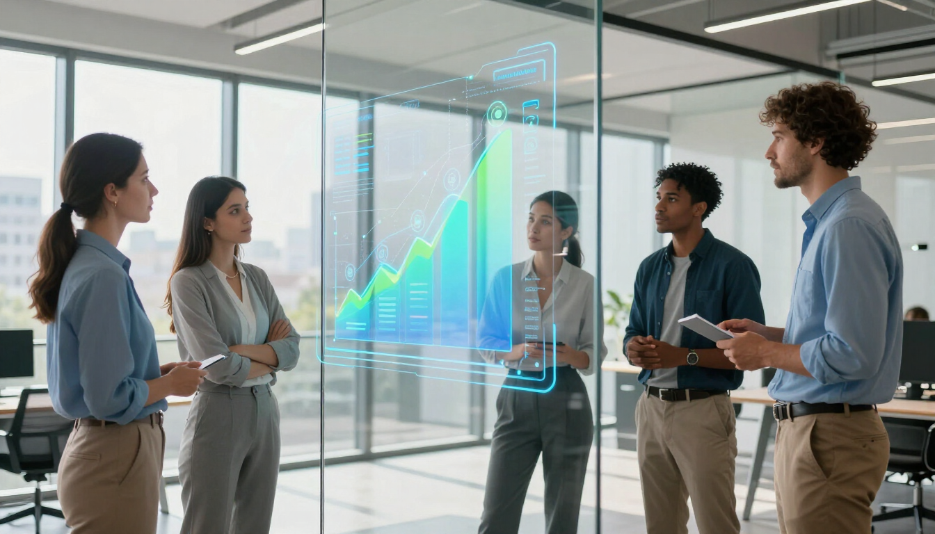 Team meeting in a glass office, with a projected rising chart during discussion