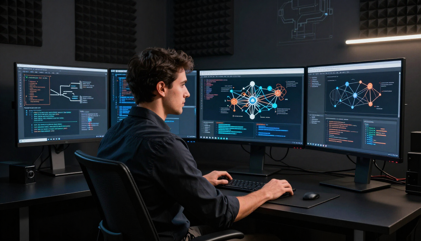 Person working at a desk with four large monitors displaying code and data dashboards in a dark office