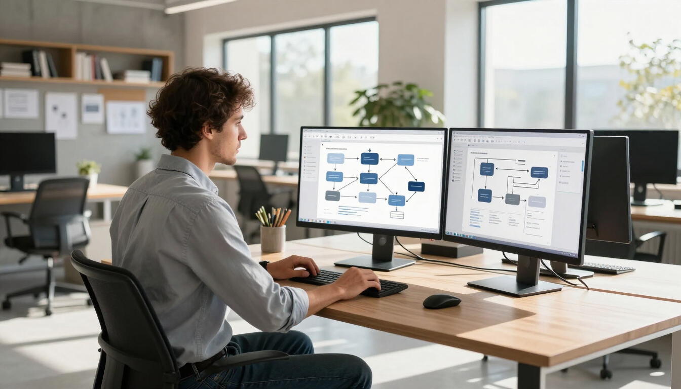 Person working at a desk with dual monitors showing diagrams in a bright office