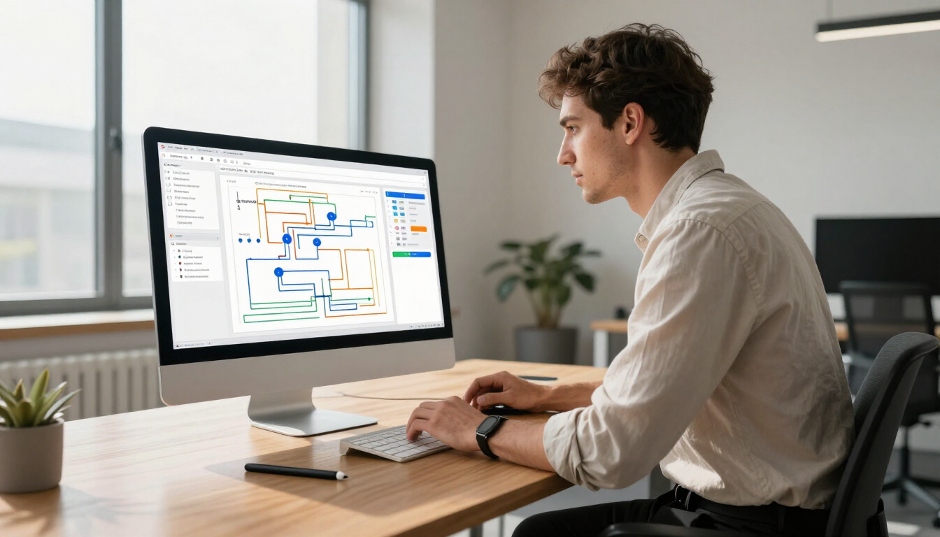 Person working at a desk on a desktop computer with a flowchart on screen in a bright office