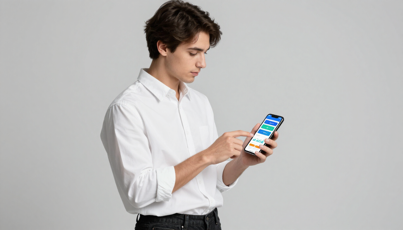 Person in a white shirt using a smartphone against a plain gray background