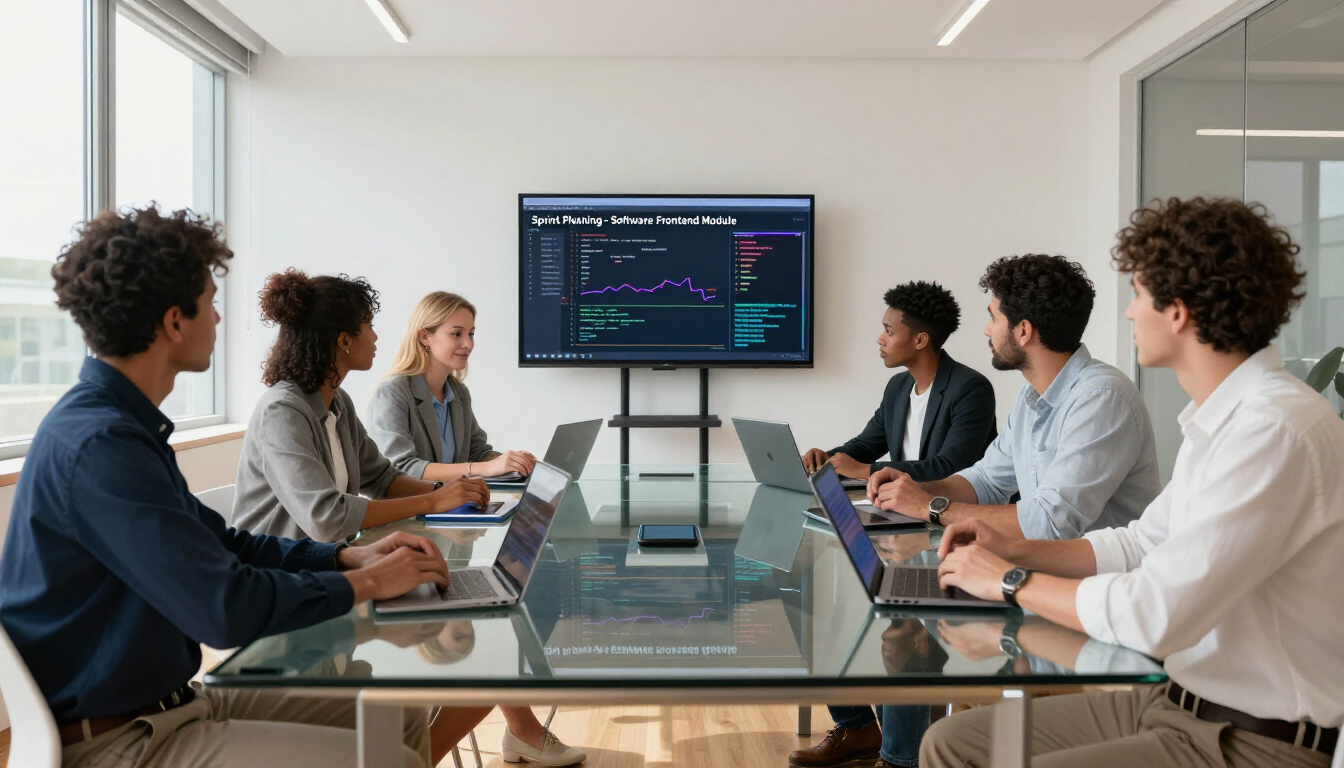 Business meeting in a conference room, people seated around a glass table watching a presentation screen