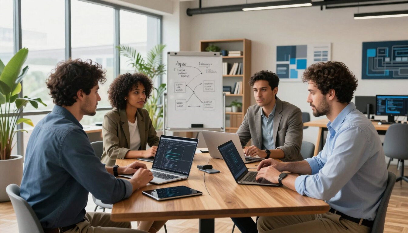 Four coworkers in a modern office meeting around a table with laptops and a whiteboard.