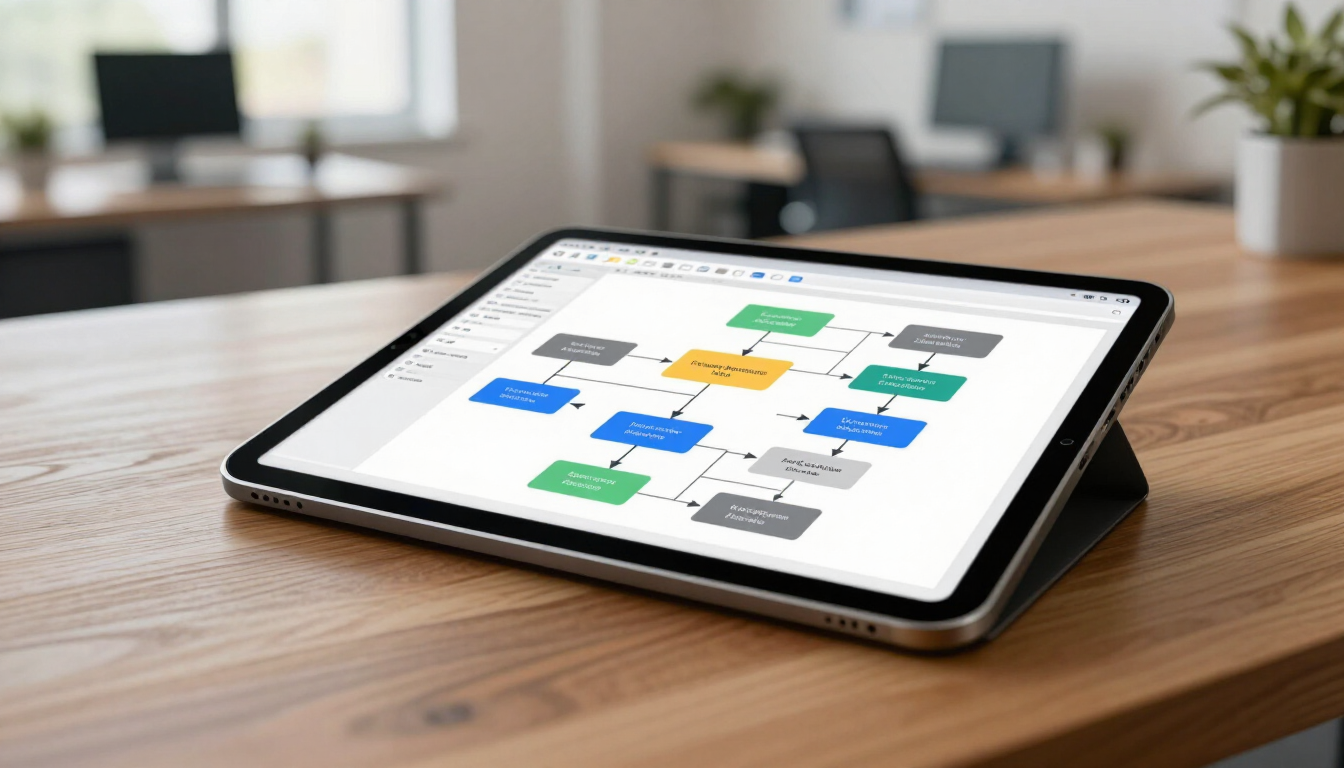 Tablet displaying a colorful flowchart on a wooden desk in a blurred office setting