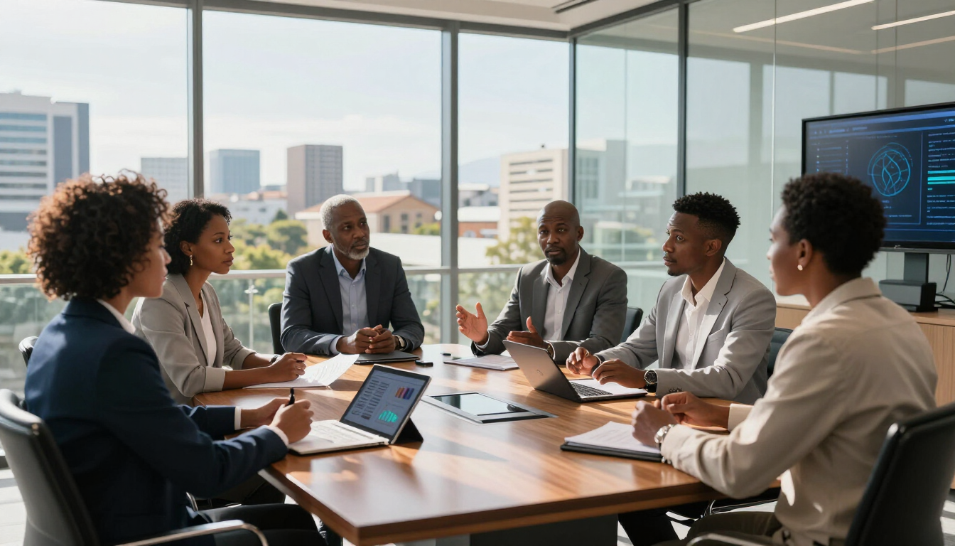 Business team in a bright conference room meeting around a table with laptops and documents, city skyline behind them