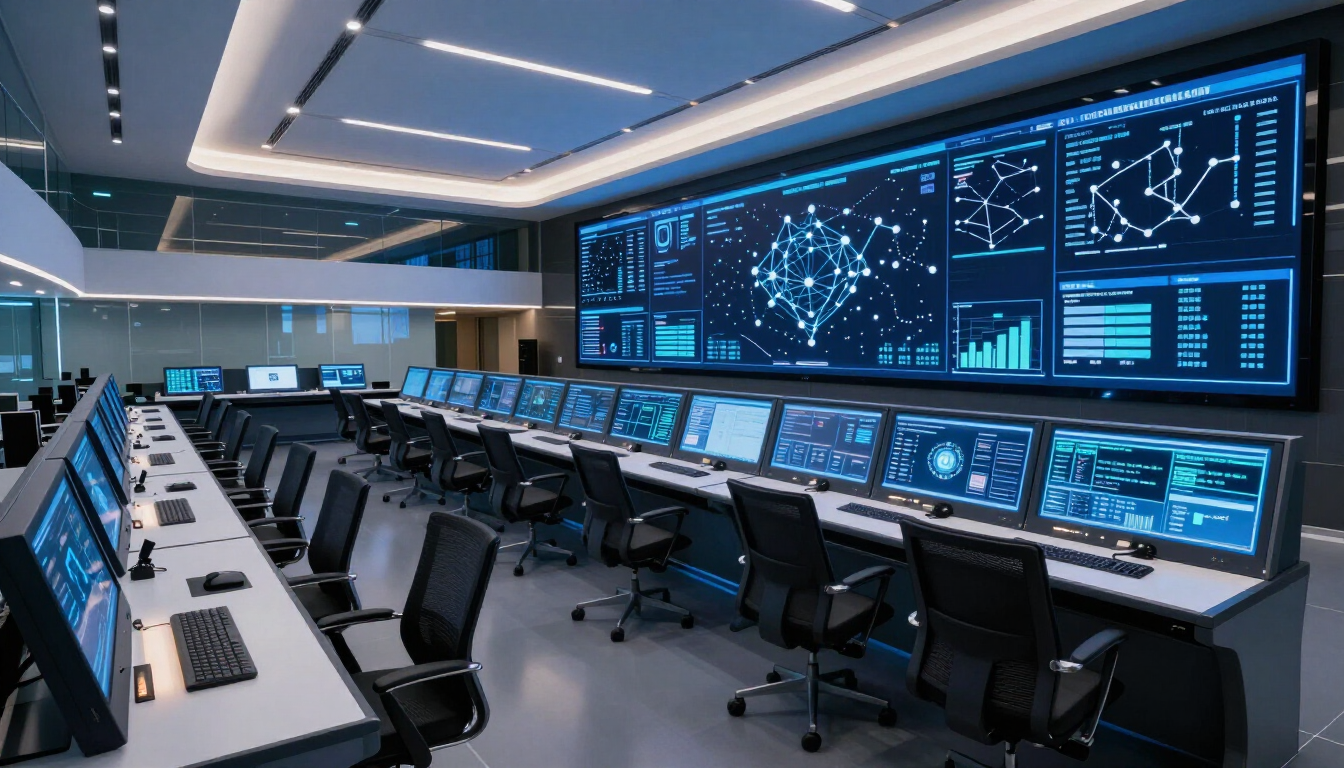 Modern control room with rows of computer monitors displaying blue data dashboards