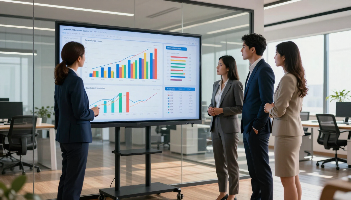 Team in a modern office reviewing colorful charts on a large presentation screen