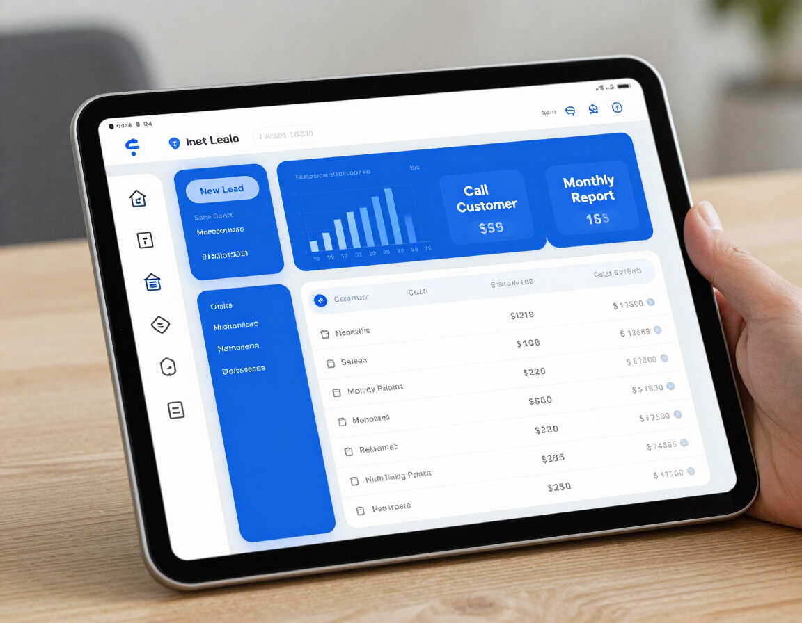 Tablet showing a blue analytics dashboard with charts and a data table on a desk