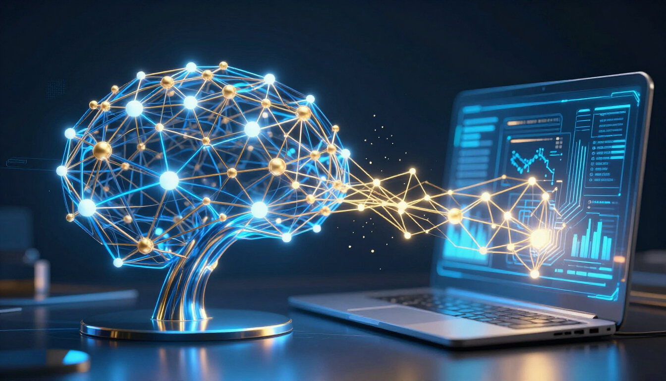 Abstract glowing AI brain connected to a laptop screen with digital data streams on a dark background