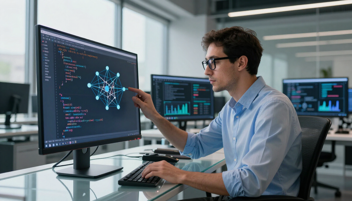 Person in a modern office analyzing data on multiple computer monitors, pointing at a central screen.