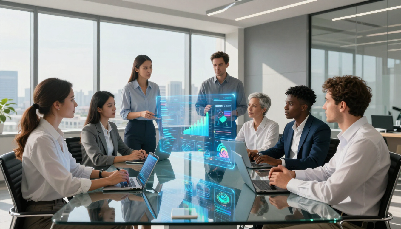 Business meeting in a glass conference room with colleagues gathered around a table and a holographic display.