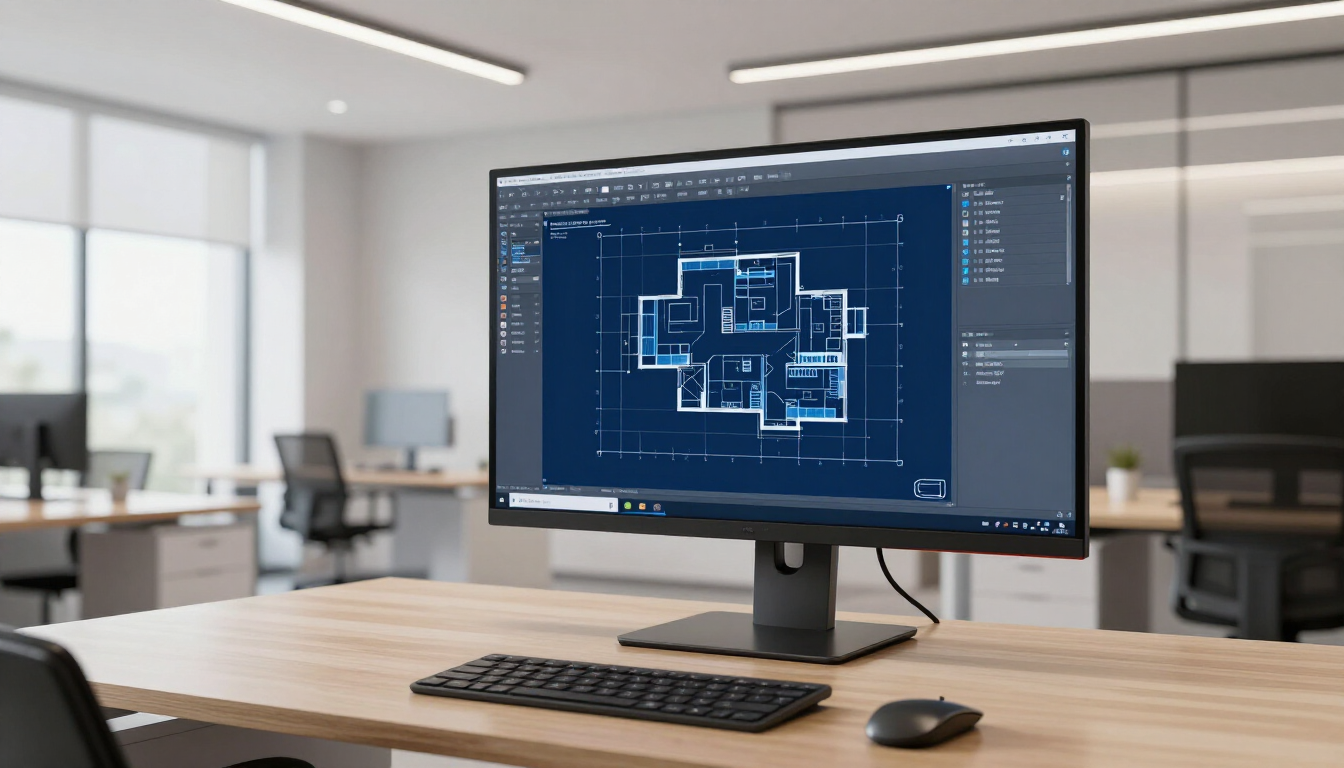 Modern office desk with monitor displaying a blue CAD floor plan, keyboard, and mouse