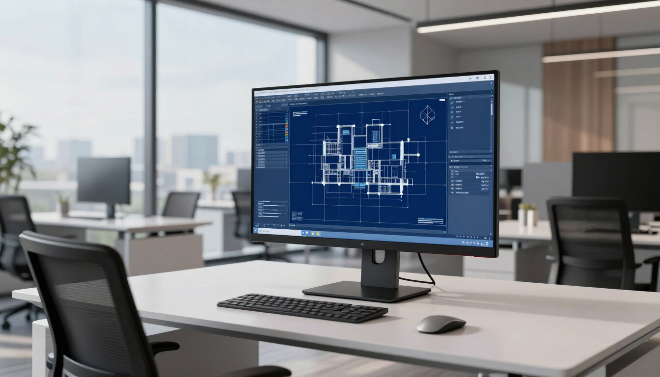 Modern office desk with dual monitors displaying a blue architectural blueprint design.