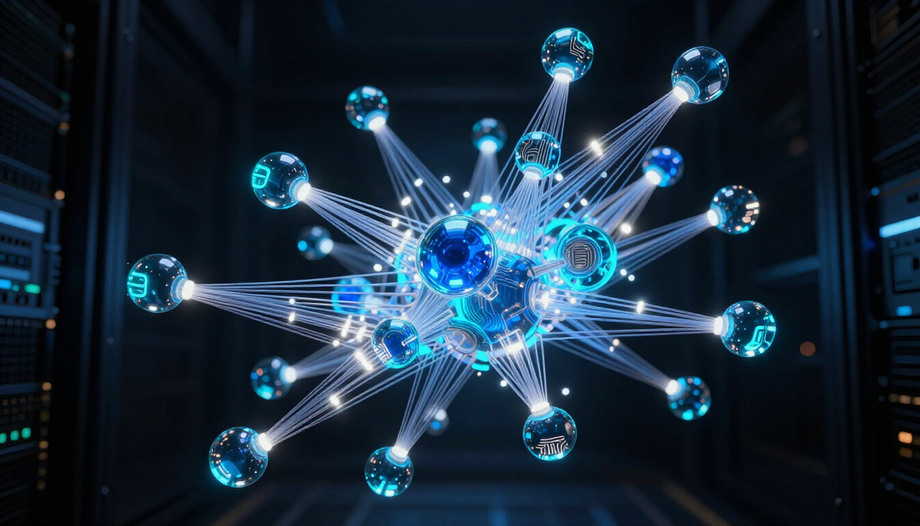 Blue glowing digital network sphere with connected nodes and beams in a dark futuristic setting